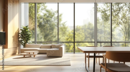 sleek modern living room with floor-to-ceiling windows, minimalist furniture, and warm wood accents, empty table in foreground with blurred stylish interior backdrop