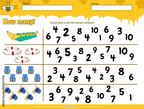 Count and circle the correct number of beehive with beach cliparts 1