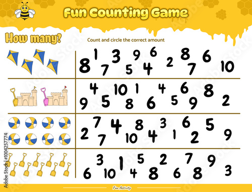 Count and circle the correct number of beehive with beach cliparts 4
