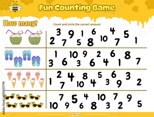 Count and circle the correct number of beehive with beach cliparts 5