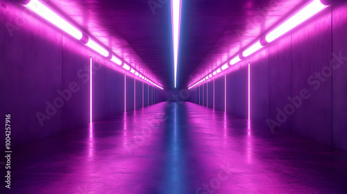 Purple and Blue Neon Lights in a Long Corridor 3D Illustration