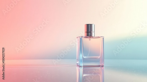 sleek perfume bottle on mirrored surface. minimalist design, clean lines. soft gradient background in muted tones. reflects luxury and sophistication. ideal for high-end fragrance advertising.