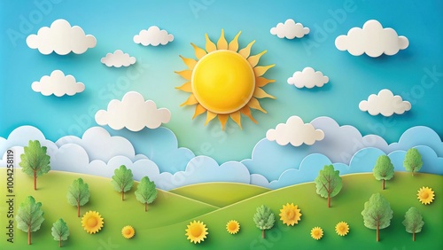 Paper craft summer landscape with sun and clouds reflected in water