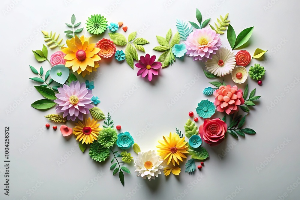 Paper cut flowers and leaves creating a heart shape fisheye Paper cut flowers and leaves creating a heart shape fisheye