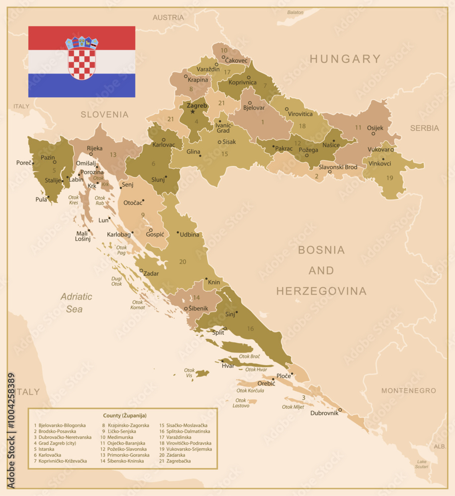 Obraz premium Croatia - detailed map of the country in brown colors, divided into regions. Vector illustration