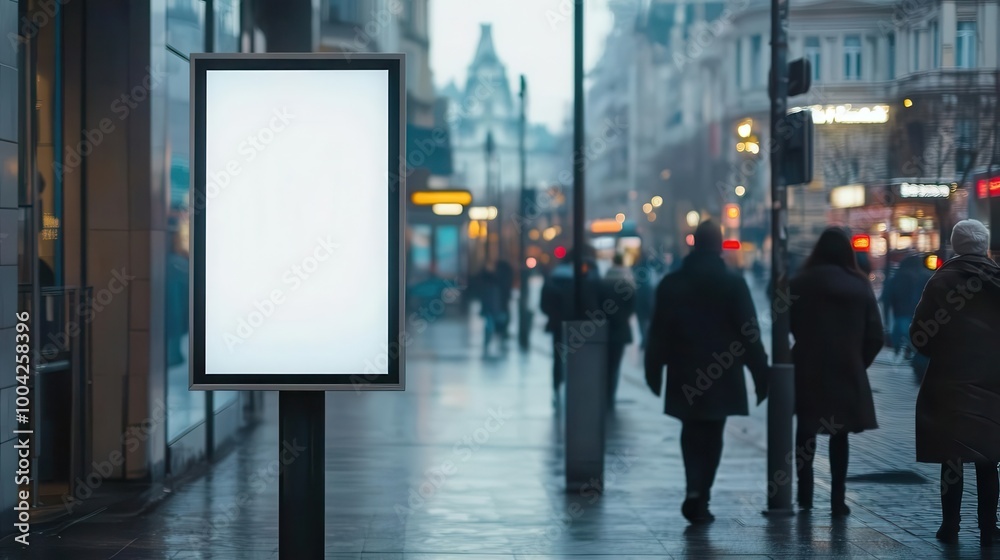 sleek vertical billboard mockup in urban bus stop setting. clean white surface contrasts with bustling city street, offering prime advertising space for eye-catching campaigns. sleek vertical billboard mockup in urban bus stop setting. clean white surface contrasts with bustling city street, offering prime advertising space for eye-catching campaigns.