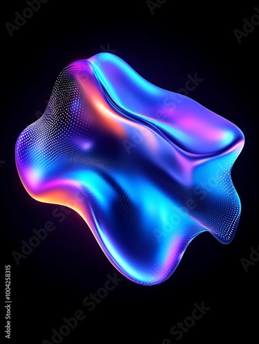 Abstract colorful fluid shape with glowing lights on a dark background. A minimalist poster in metallic and chrome gradient style.