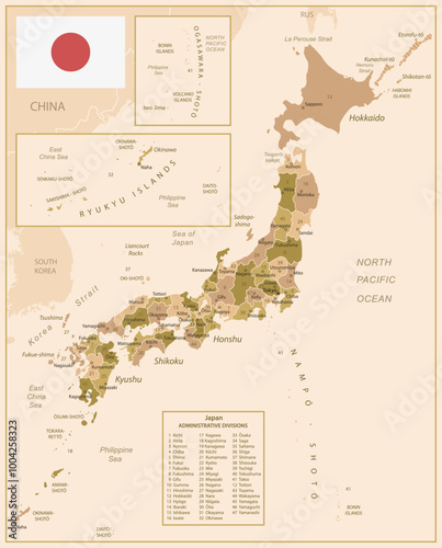 Japan - detailed map of the country in brown colors, divided into regions. Vector illustration