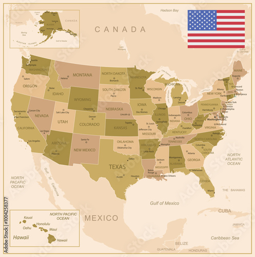 United States - detailed map of the country in brown colors, divided into regions. Vector illustration