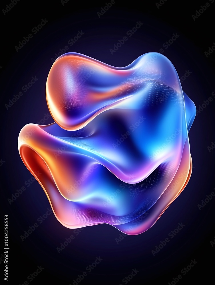 Abstract colorful fluid shape with smooth curves, blending vibrant hues on a dark background. A minimalist poster in metallic and chrome gradient style.