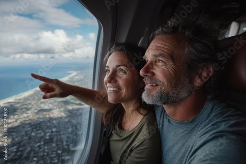 A mature couple gazes at the stunning coastline through the airplane window, soaking in the scenic views and celebrating their shared love of exploration and new experiences.
