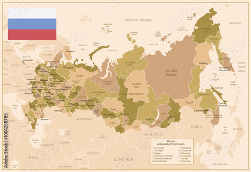Russia - detailed map of the country in brown colors, divided into regions. Vector illustration
