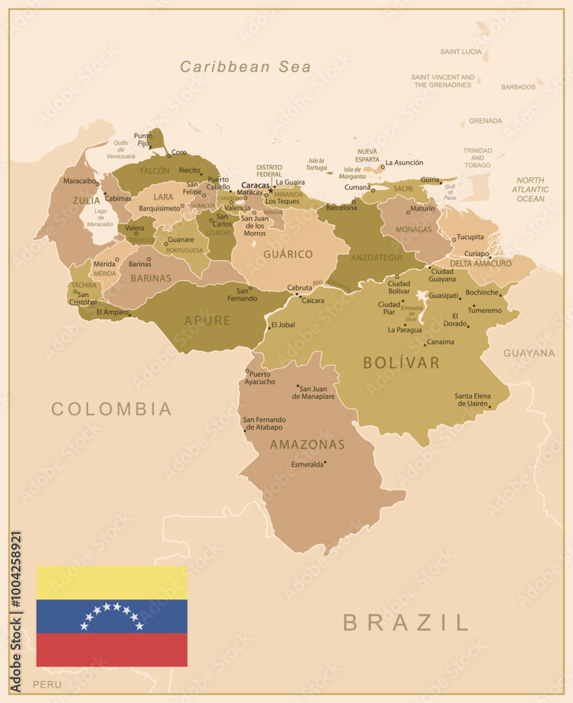 Obraz premium Venezuela - detailed map of the country in brown colors, divided into regions. Vector illustration