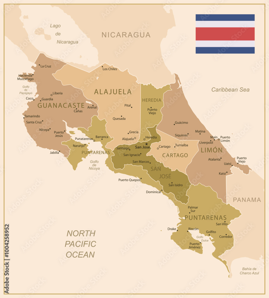 Obraz premium Costa Rica - detailed map of the country in brown colors, divided into regions. Vector illustration