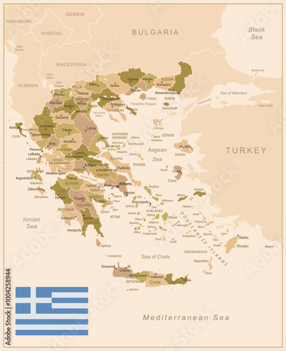 Greece - detailed map of the country in brown colors, divided into regions. Vector illustration