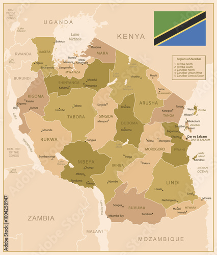 Tanzania - detailed map of the country in brown colors, divided into regions. Vector illustration