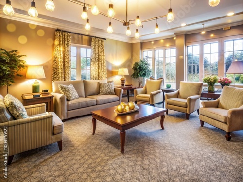 Cozy senior living room with plush carpet, comfortable furniture, and warm natural lighting ambience