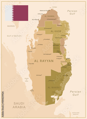Qatar - detailed map of the country in brown colors, divided into regions. Vector illustration
