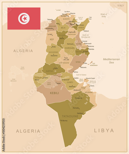 Tunisia - detailed map of the country in brown colors, divided into regions. Vector illustration