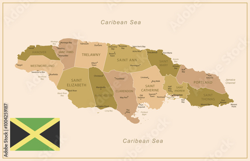 Jamaica - detailed map of the country in brown colors, divided into regions. Vector illustration
