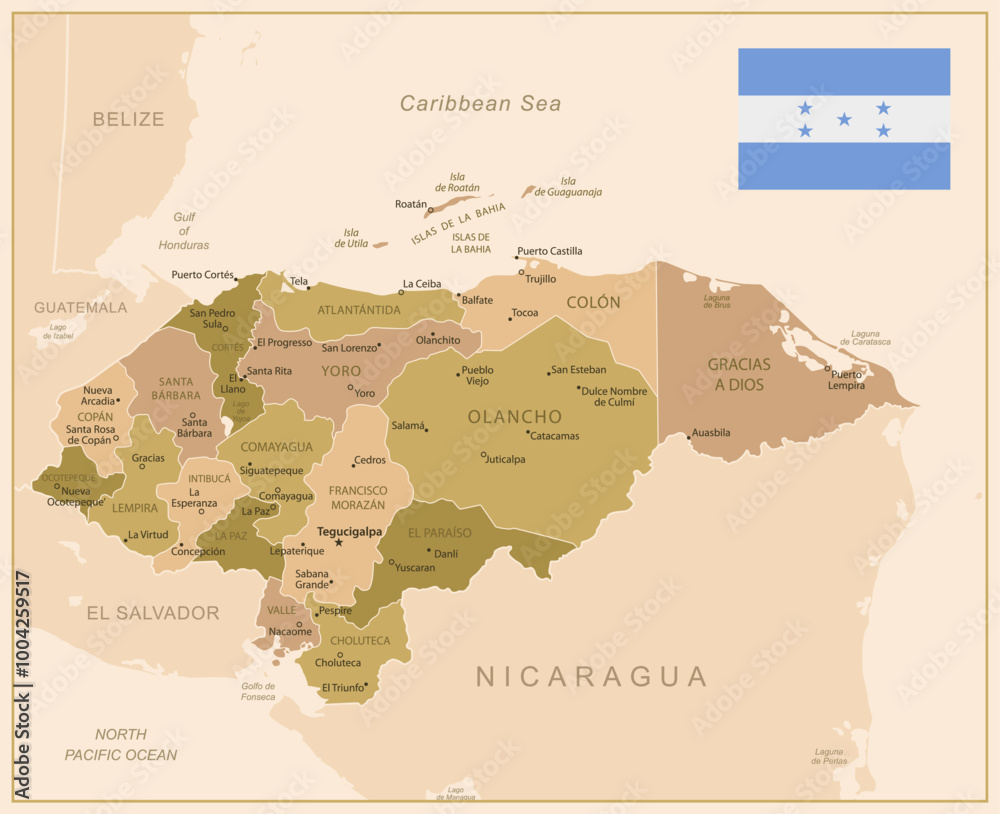 Obraz premium Honduras - detailed map of the country in brown colors, divided into regions. Vector illustration