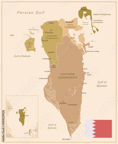 Bahrain - detailed map of the country in brown colors, divided into regions. Vector illustration
