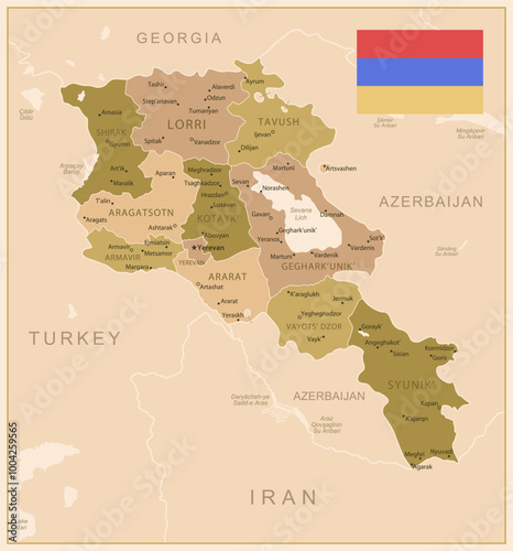 Armenia - detailed map of the country in brown colors, divided into regions. Vector illustration