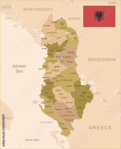 Albania - detailed map of the country in brown colors, divided into regions. Vector illustration