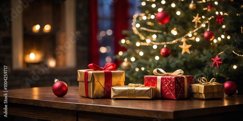 Christmas gift boxes on wooden table, Surrounded by festive ornaments and Christmas Tree in a cozy, warm interior with candlelight bokeh