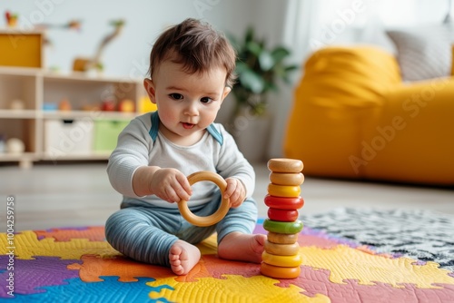 Adorable baby playing with colorful wooden stacking rings on a patterned playmat in a cozy living room setting.