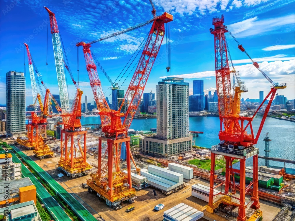 Cranes Working on Construction Site by the Bay Area in Yokohama During Bright Sunny Daylight Cranes Working on Construction Site by the Bay Area in Yokohama During Bright Sunny Daylight