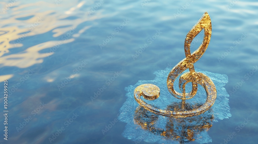Fototapeta premium Glittering golden music note floating on calm blue water.