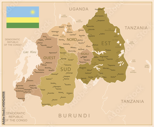 Rwanda - detailed map of the country in brown colors, divided into regions. Vector illustration
