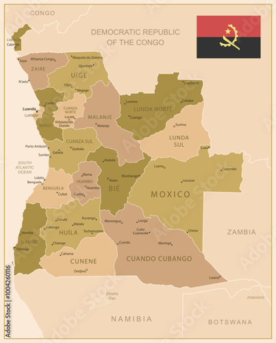 Angola - detailed map of the country in brown colors, divided into regions. Vector illustration