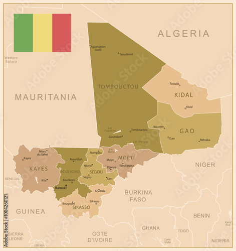 Mali - detailed map of the country in brown colors, divided into regions. Vector illustration