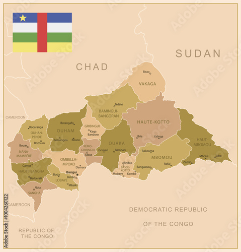 Central African Republic - detailed map of the country in brown colors, divided into regions. Vector illustration