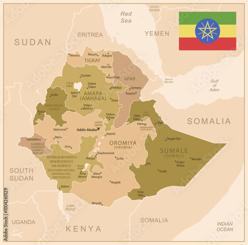 Ethiopia - detailed map of the country in brown colors, divided into regions. Vector illustration