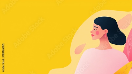 Trendy minimalist flat illustration Breast Cancer Awareness Month pastel colors woman in pink hoodie on yellow background symbolizing hope, support, and awareness for breast cancer