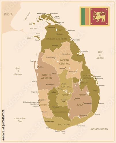 Sri Lanka - detailed map of the country in brown colors, divided into regions. Vector illustration