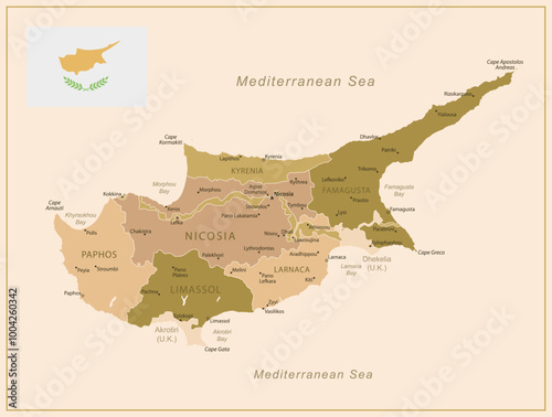 Cyprus - detailed map of the country in brown colors, divided into regions. Vector illustration