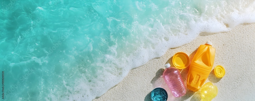 Naklejka premium Sustainable Packaging and Recycling Initiatives - A Stark Contrast to Ocean Pollution and Plastic Waste in Our Waters Clean Beaches vs Environmental Crisis