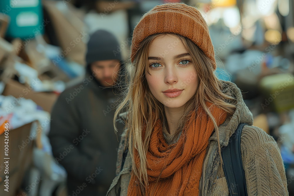 Fototapeta premium A young woman with a designer handbag walks past a man digging through a trash bin.