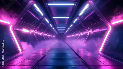 Futuristic Sci-Fi Corridor with Neon Lights 3D Illustration