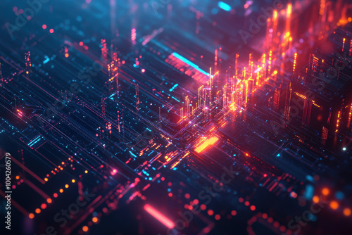 Vibrant digital landscape glowing in neon colors captures the essence of futuristic technology and innovation at night. Generative AI