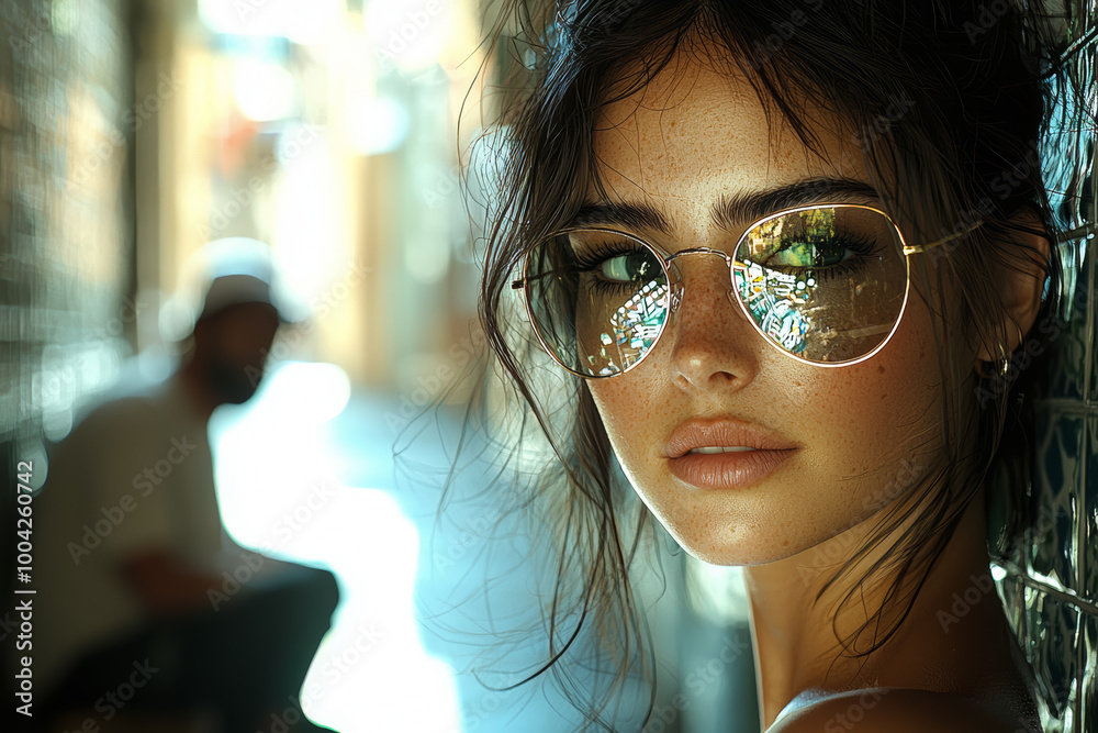 A woman in designer sunglasses stands under the bright sunlight, while a homeless man sits in the shadows of a nearby alley. A woman in designer sunglasses stands under the bright sunlight, while a homeless man sits in the shadows of a nearby alley.