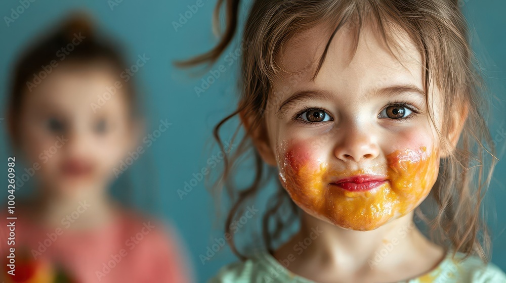 A cheerful child with paint on her face, showcasing creativity and joy, with a soft background that enhances her playful spirit. A cheerful child with paint on her face, showcasing creativity and joy, with a soft background that enhances her playful spirit.