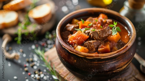 Homemade Hearty Beef Vegetable Stew in Rustic Pottery Bowl on Wooden Table