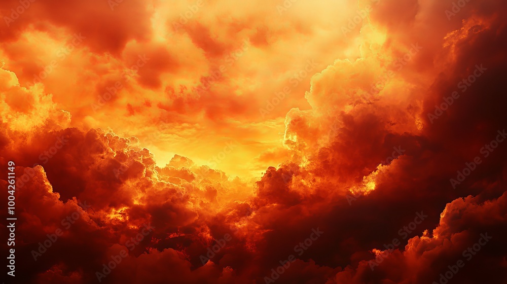 Fototapeta premium Fiery red sky with dark clouds, symbolizing catastrophe, war, or a dramatic scene of fire and destruction. 