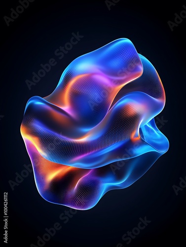 Abstract colorful shape with flowing, smooth contours against a dark background. A minimalist poster in metallic and chrome gradient style.