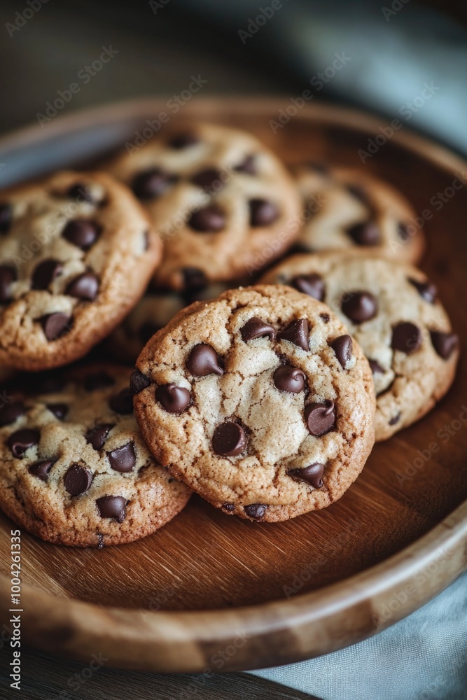 Wooden board holding fresh baked homemade chocolate chip cookies. A delicious treat perfect for snack time or a dessert. Wooden board holding fresh baked homemade chocolate chip cookies. A delicious treat perfect for snack time or a dessert.